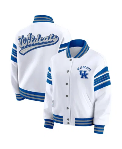 Wear By Erin Andrews Women's White/royal Kentucky Wildcats Satin Stitch Full-snap Fleece Sweatshirt Jacket In Multi