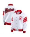 Wear By Erin Andrews Women's White/scarlet Nebraska Huskers Satin Stitch Full-snap Fleece Sweatshirt Jacket In White