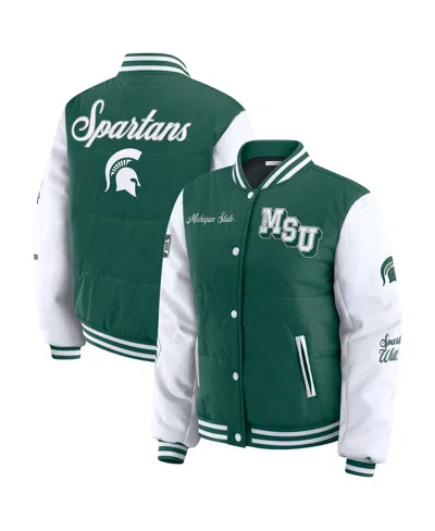 Wear By Erin Andrews Women'sgreen Michigan State Spartans Varsity Full-snap Puffer Jacket In Green