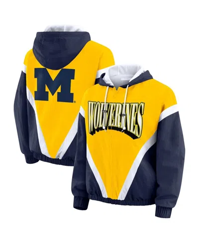Wear By Erin Andrews Women'smaize/navy Michigan Wolverines Color Block Full-zip Hoodie Windbreaker Jacket