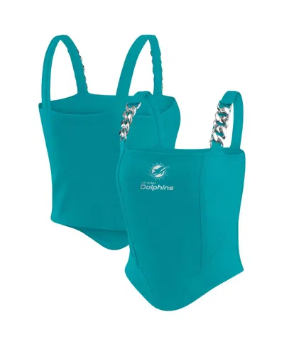 Wear By Erin Andrews X Gracie Hunt Women's Aqua Miami Dolphins Chain Link Corset Top