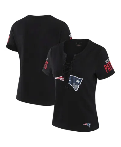 Wear By Erin Andrews X Gracie Hunt Women's Black New England Patriots Draft Me Lace-up T-shirt