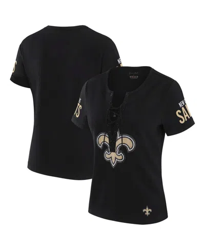Wear By Erin Andrews X Gracie Hunt Women's Black New Orleans Saints Draft Me Lace-up T-shirt