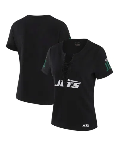 Wear By Erin Andrews X Gracie Hunt Women's Black New York Jets Draft Me Lace-up T-shirt