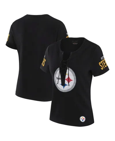 Wear By Erin Andrews X Gracie Hunt Women's Black Pittsburgh Steelers Draft Me Lace-up T-shirt