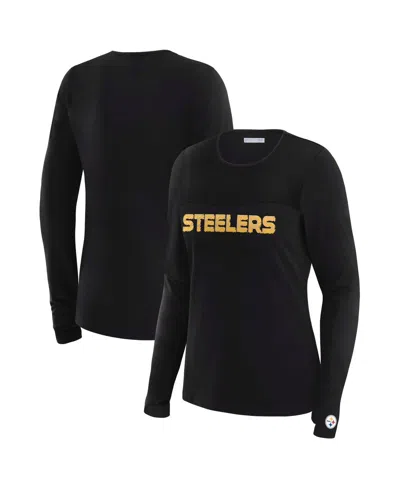 Wear By Erin Andrews X Gracie Hunt Women's Black Pittsburgh Steelers Mesh Panel Long Sleeve T-shirt