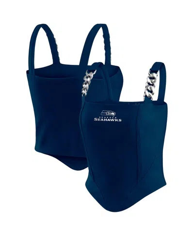 Wear By Erin Andrews X Gracie Hunt Women's College Navy Seattle Seahawks Chain Link Corset Top