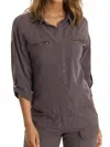 Wearables Knapp Distressed Cargo Button Up Top In Charcoal In Pink