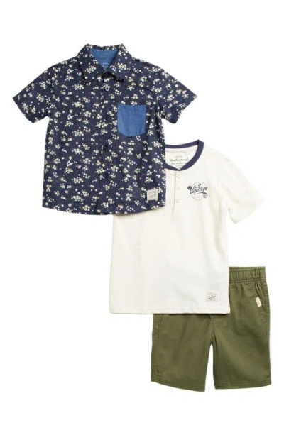 Weatherproof Kids' Floral Button-up Shirt, Henley T-shirt & Shorts Set In Olive