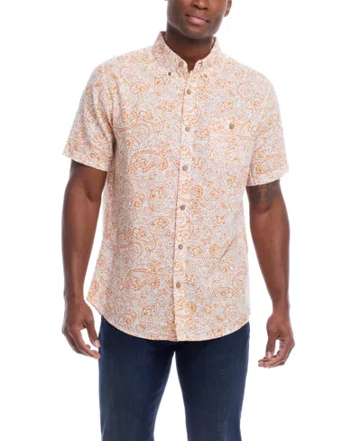 Weatherproof Vintage Men's Short Sleeve Print Linen Cotton Shirt In Sun Orange