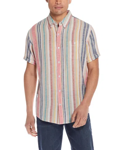 Weatherproof Vintage Men's Short Sleeve Stripe Linen Cotton Shirt In Peach Echo