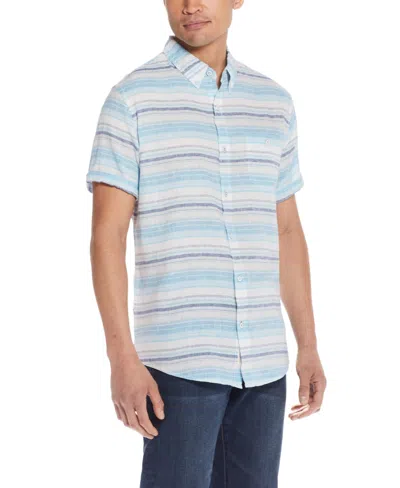 Weatherproof Vintage Men's Short Sleeve Stripe Linen Cotton Shirt In Soft Blue