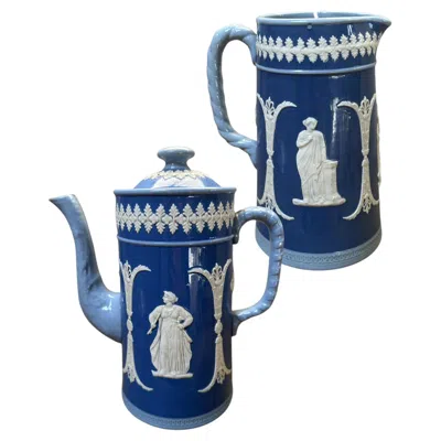 Pre-owned Wedgewood Dudson Brothers, Jasperware Antique Blue Coffee Pot Milk Jug Set, 19th Century