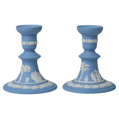 Pre-owned Wedgewood Wedgwood Jasperware Candlesticks, Neoclassical Blue & White, 1960
