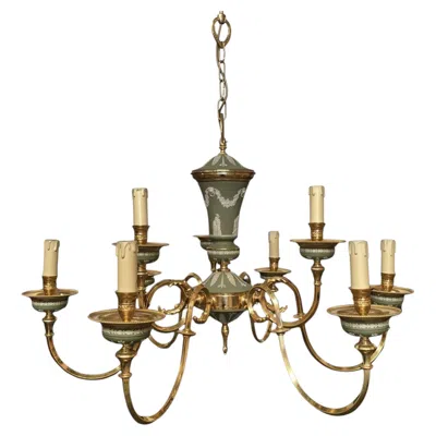 Pre-owned Wedgwood 1970 Italy Hollywood Regency Style Green Porcelain And Brass Chandelier 9 Lights