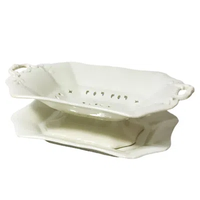 Pre-owned Wedgwood 19th Century English  Creamware Fruitbowl Strainer On Foot With Plate In Sand