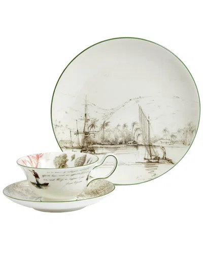 Wedgwood 3pc Darwin Voyage Of The Beagle Tahiti Teacup, Saucer, & Plate Set In White