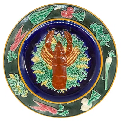 Pre-owned Wedgwood A  Majolica Red Lobster Plate On Cobalt Ground, English, Dated 1882