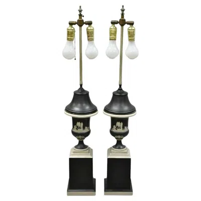 Pre-owned Wedgwood Antique  Jasperware Black And White Urn Form Table Lamps - A Pair