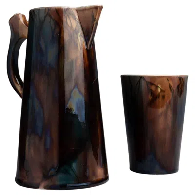 Pre-owned Wedgwood Arts & Crafts Style Majolica Pitcher And Tumbler Set In Black