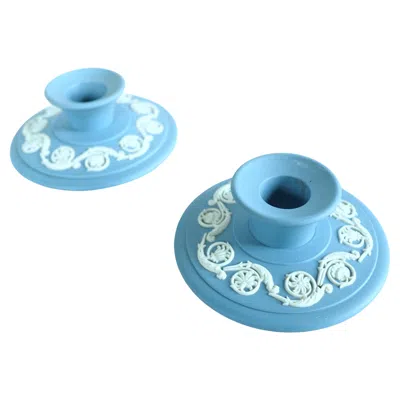 Pre-owned Wedgwood Blue And White Jasperware Candleholders