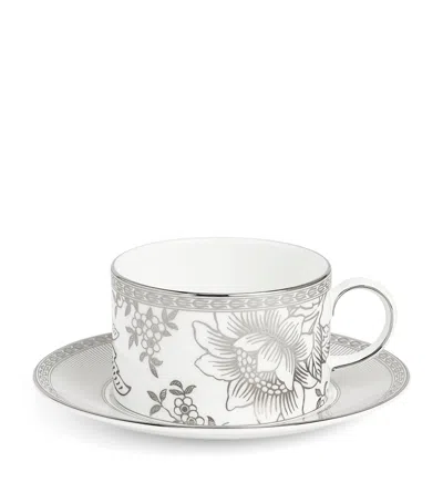 Wedgwood Bone China Silver Tonquin Teacup And Saucer In Gray