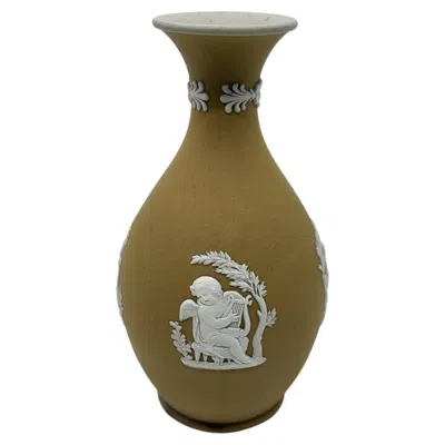 Pre-owned Wedgwood Cane Yellow Jasperware Vase, Neoclassical Cherubs, 12.5" Tall