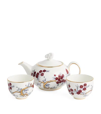 Wedgwood Ceramic Year Of The Ram Teapot And Tea Bowls Set In Red
