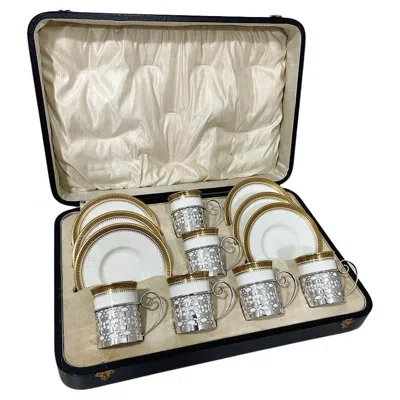Pre-owned Wedgwood Coffee Cups And Saucers With Silver Cup Holders By Walker & Hall, 1919 In Sand