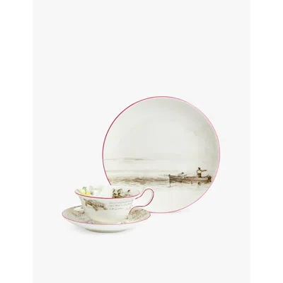 Wedgwood Darwin Voyage Of The Beagle Galapagos Islands Teacup, Saucer And Plate 3-piece Bone-china Set In Orange