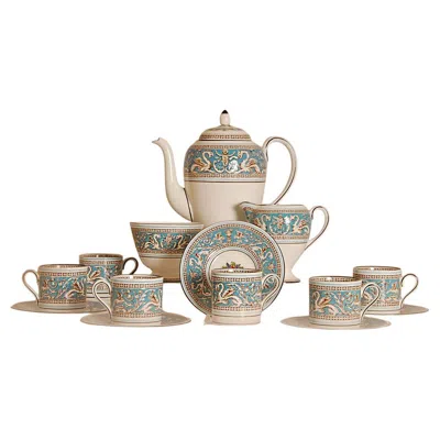 Pre-owned Wedgwood English  Tea Set Etruscan Empire Creamware Porcelain Turquoise 15 Pcs In Sand
