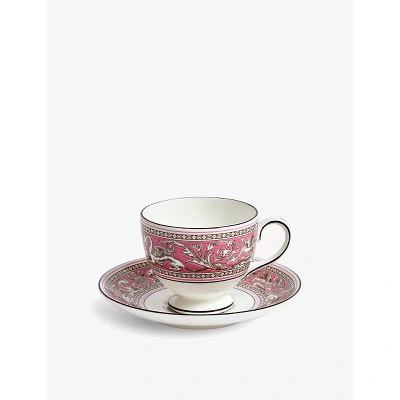 Wedgwood Florentine Fuchsia Bone-chine Teacup And Saucer In Pink
