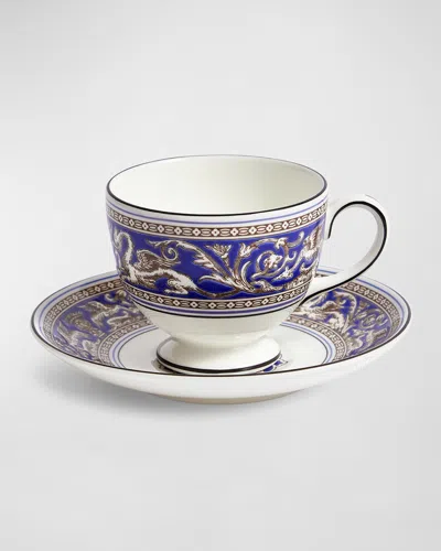 Wedgwood Florentine Marine Teacup & Saucer, 6.1 Oz. In Blue