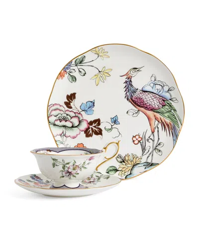 Wedgwood Fortune Flowers And Crane-motif Bone-china Set Of Three