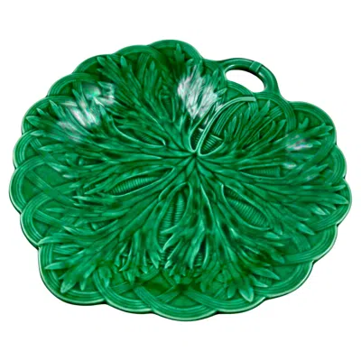 Pre-owned Wedgwood Green Glazed Majolica Handled Leaf And Basket Shallow Bowl Server, 1869