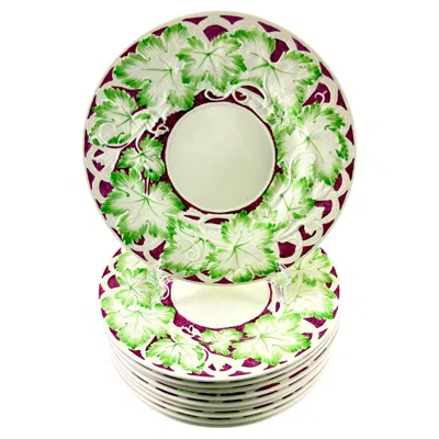 Pre-owned Wedgwood Hand Painted Burgundy & Green Leaf Plates, Set Of 10 In Red