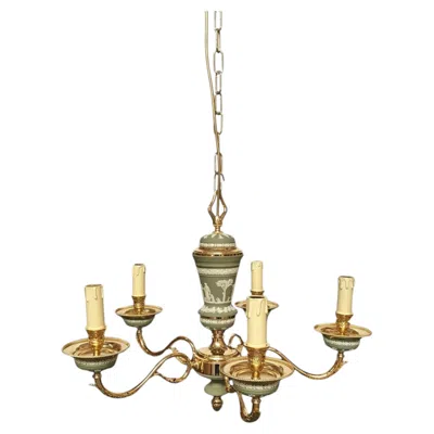 Pre-owned Wedgwood Italy 1970 Hollywood Regency Style Green Porcelain And Brass Chandelier 5 Lights