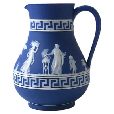 Pre-owned Wedgwood Jasperware Blue White Pitcher Vase Greek Key Neoclassical English