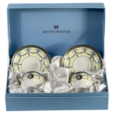 Pre-owned Wedgwood Madeleine Bone China Pair Of Leigh Footed Teacups And Saucers In Blue