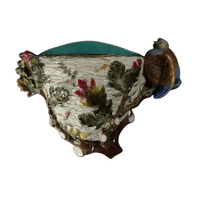 Pre-owned Wedgwood Majolica Bird On Nest Wall Pocket In Black