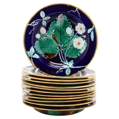 Pre-owned Wedgwood Majolica Dish With Strawberries On A Cobalt Ground, 1870, 12 Available In Blue