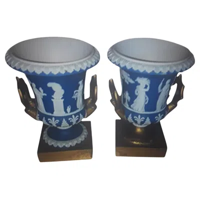 Pre-owned Wedgwood Pair 1920's Art Deco  Urns/ Brass Handle Detail / Smaller Size/ Signed In Transparent