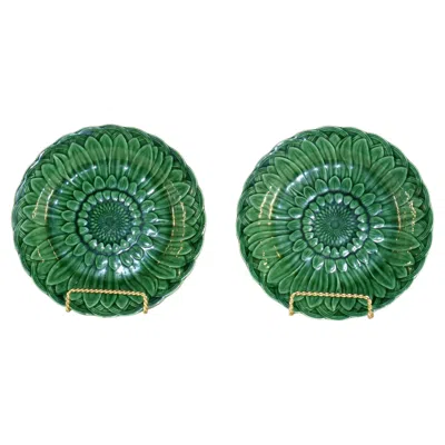 Pre-owned Wedgwood Pair Of 19th Century  Green Majolica Sunflower Plates