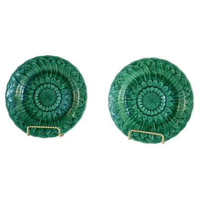 Pre-owned Wedgwood Pair Of 19th Century  Green Majolica Sunflower Plates