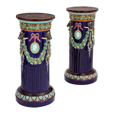 Pre-owned Wedgwood Pair Of Antique English Majolica Pedestals By  In Black