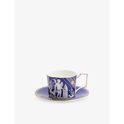 Wedgwood Renaissance Gold Graphic-print Bone-china Teacup And Saucer Set In Blue