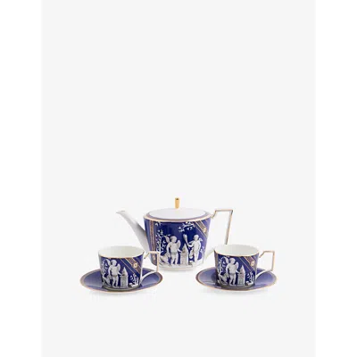 Wedgwood Renaissance Gold Patterned Bone-china Teapot, Teacup And Saucer Set In Blue