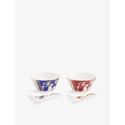 Wedgwood Renaissance Mix Patterned Set Of Two Bone-china Bowl And Spoon Set In Blue