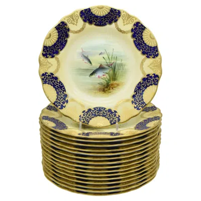 Pre-owned Wedgwood Set Of 16  Hand Painted Artist Signed Cobalt Gilt Fish Plates In Blue