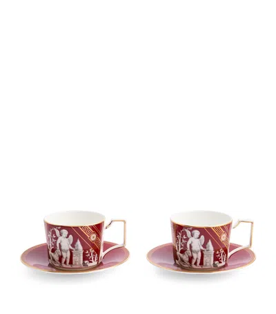 Wedgwood Set Of 2 Renaissance Teacups And Saucers In Red